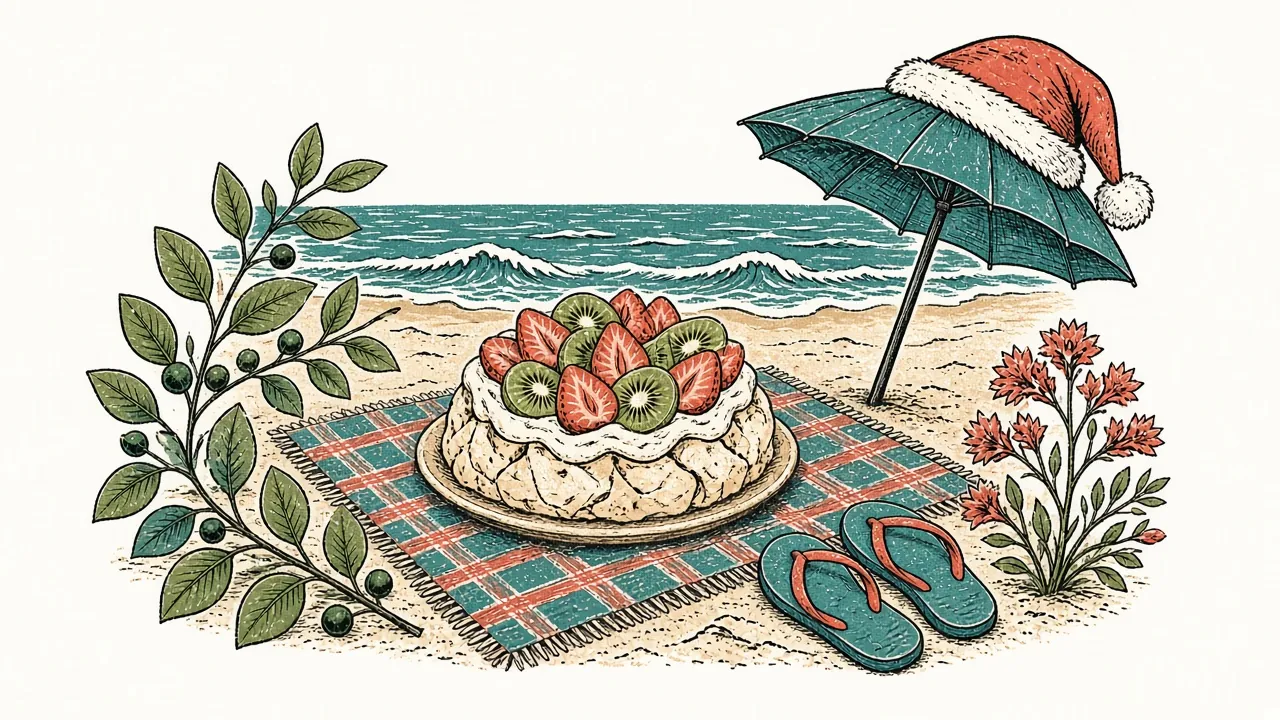 Illustration of a pavlova on a picnic rug at the beach, with a Santa hat on the beach umbrella and a pair of thongs