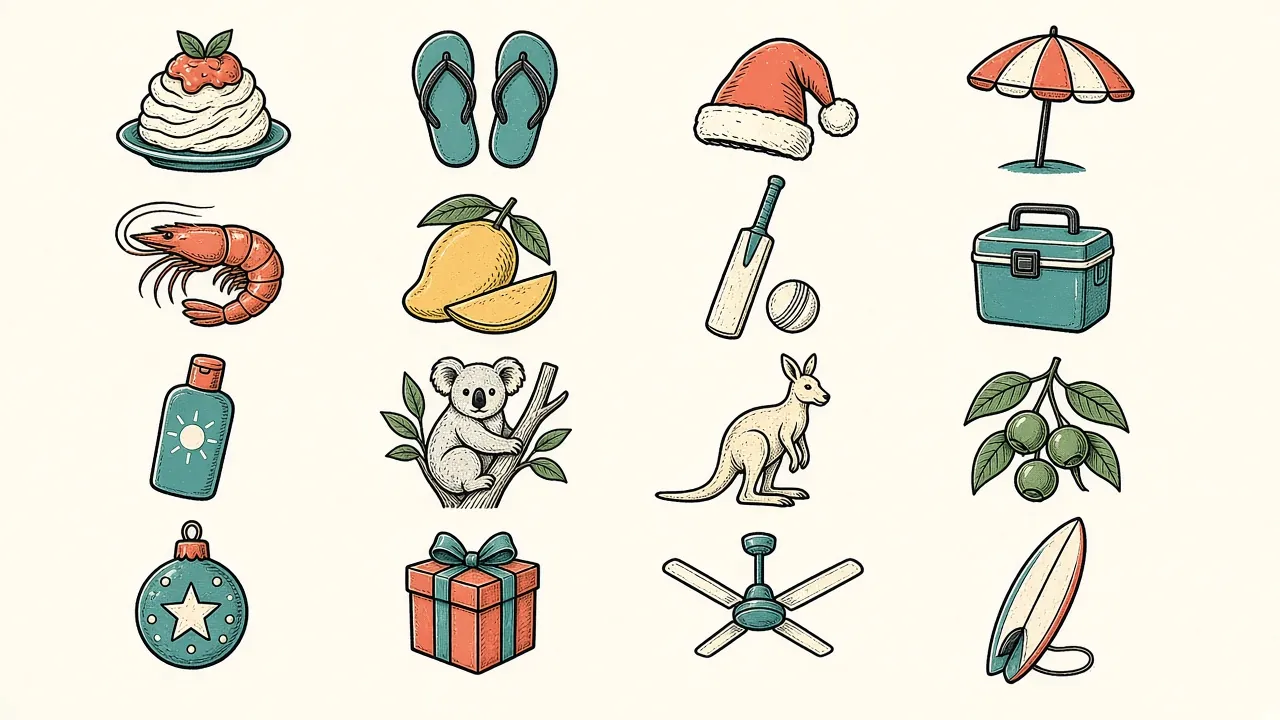 A sheet of illustrations: pavlova, thongs, Santa hat, beach umbrella, prawn, mango, cricket bat, esky, sunscreen, koala, kangaroo, gum nuts, bauble, present, ceiling fan and surfboard