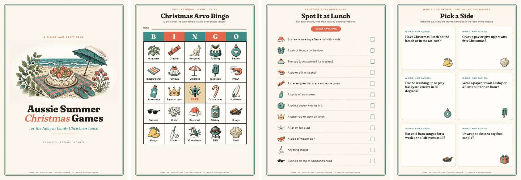 Four sample pages side by side: a cover reading Aussie Summer Christmas Games, a picture bingo card, a backyard scavenger hunt list for Team Pavlova, and would-you-rather cards